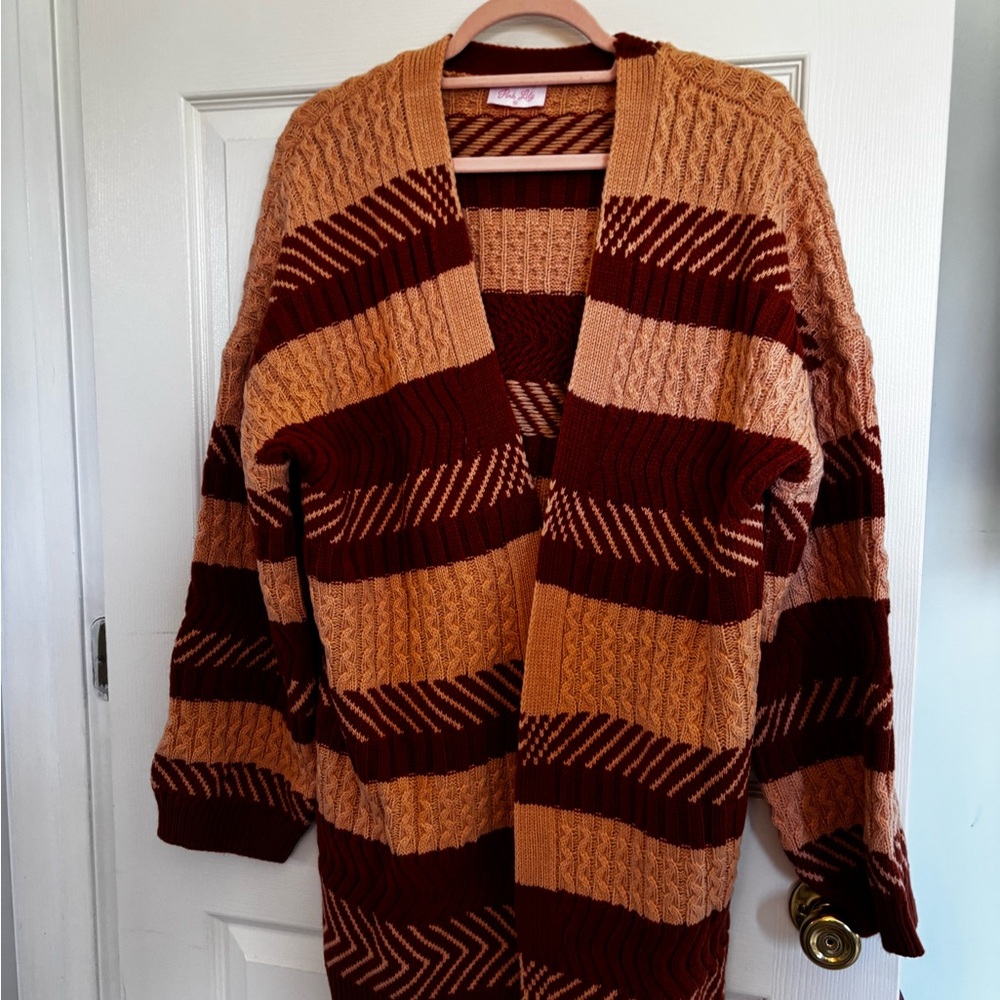 Pink Lily Brown and Tan Chunky Knit Cardigan